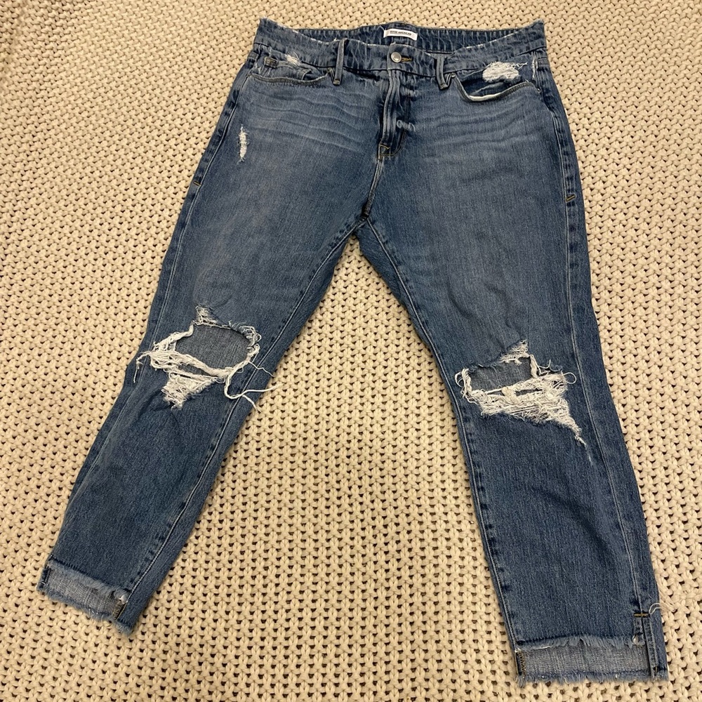 Good American Good Girlfriend distressed raw edge jean.
